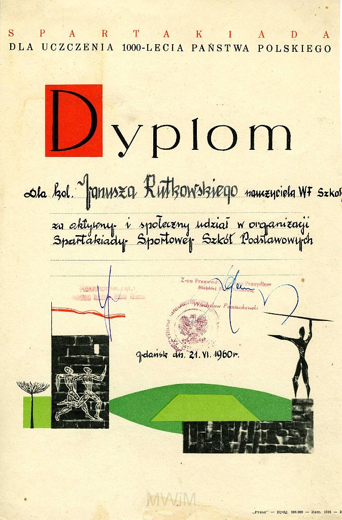 KKE 3219.jpg - Dyplom, Jana Rutkowskiego za organizacje spartakiady, Gdańsk, 1960 r.